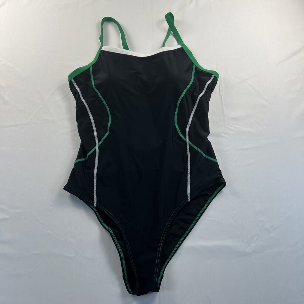 NEW One Piece Women's Medium Bathing Suit Black With Green And White Accents